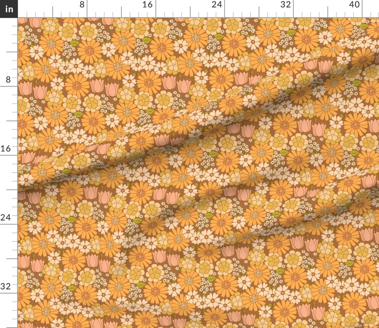 Orange Floral Retro Flower Vintage Nostalgia Mustard Seventies Custom Printed Fabric by Spoonflower Various Fabrics by the Yard or Fat Quarter